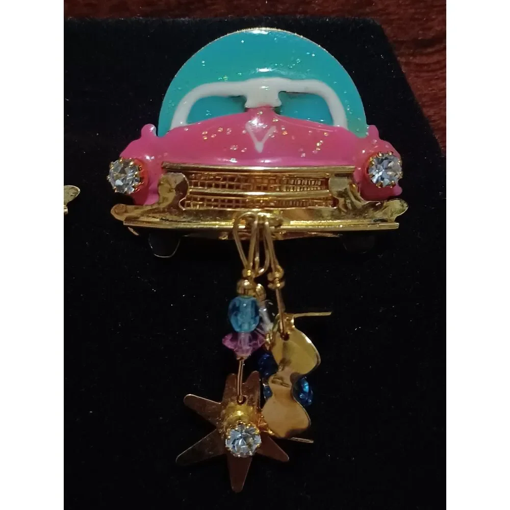 Vintage LUNCH AT THE RITZ Pink Cadillac Dangle Post Earrings 2.2" Long - Picture 2 of 4